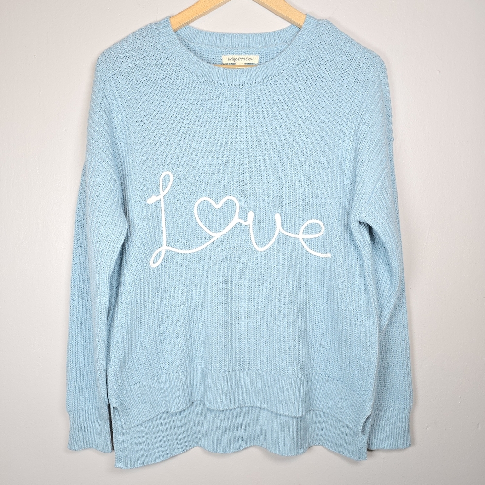 Indigo Thread Co. Women's Love Graphic Embroidered Knit Sweater Cottagecore Med